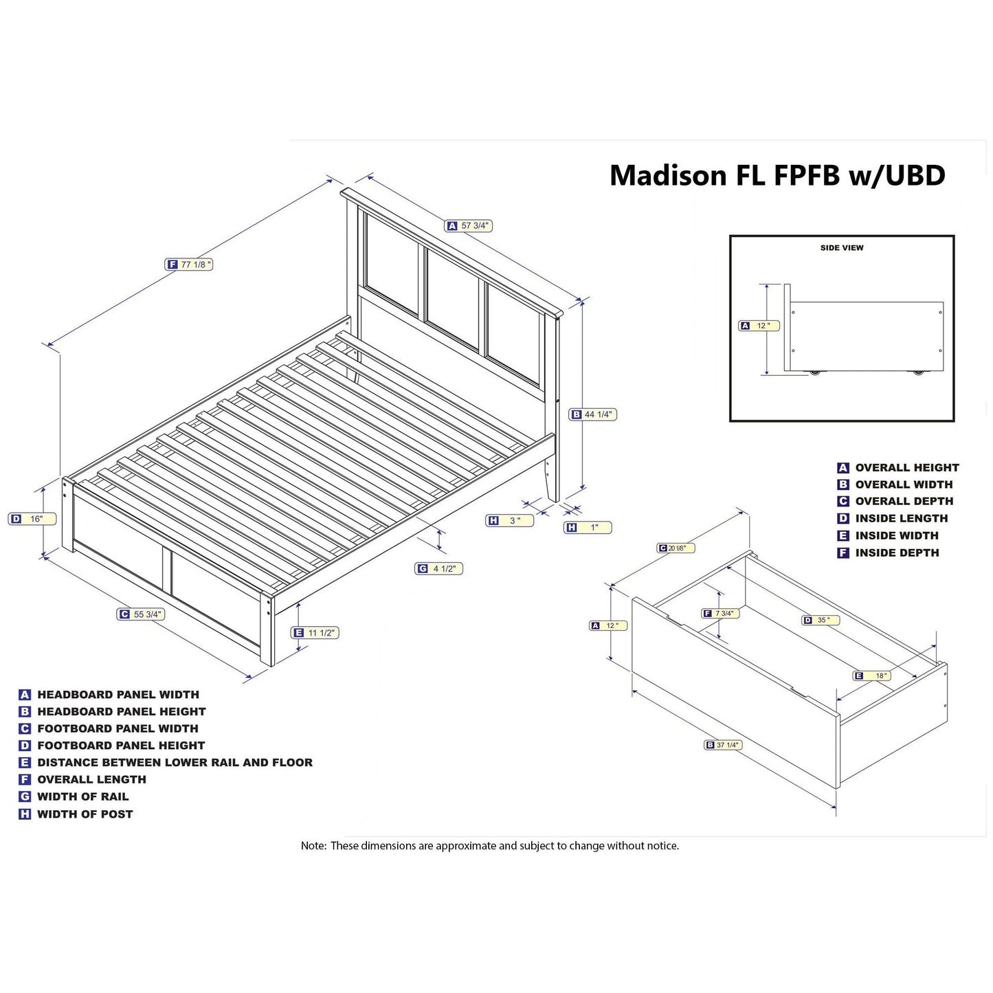 AFI Furnishings Madison Full Platform Bed with Flat Panel Foot Board and 2 Urban Bed Drawers