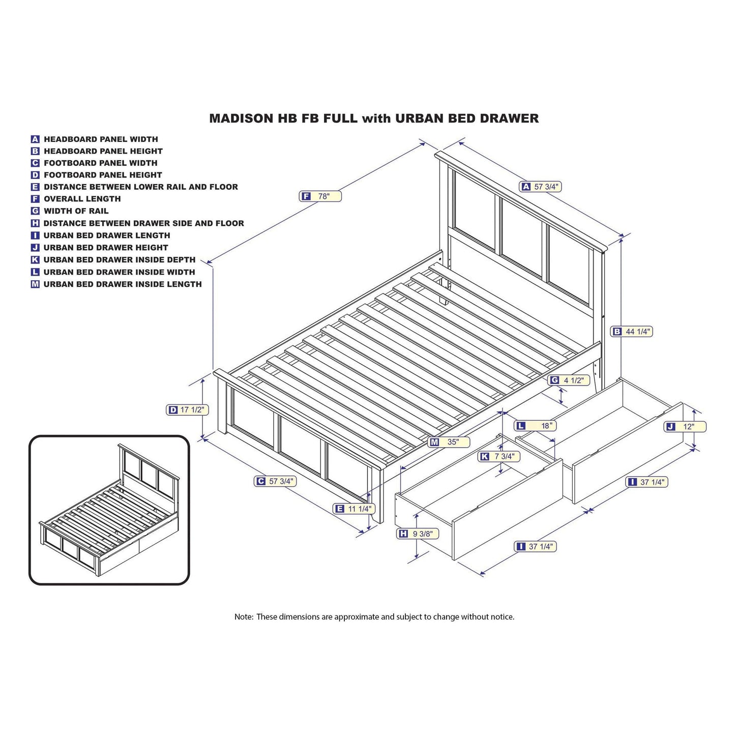 AFI Furnishings Madison Full Platform Bed with Matching Foot Board with 2 Urban Bed Drawers