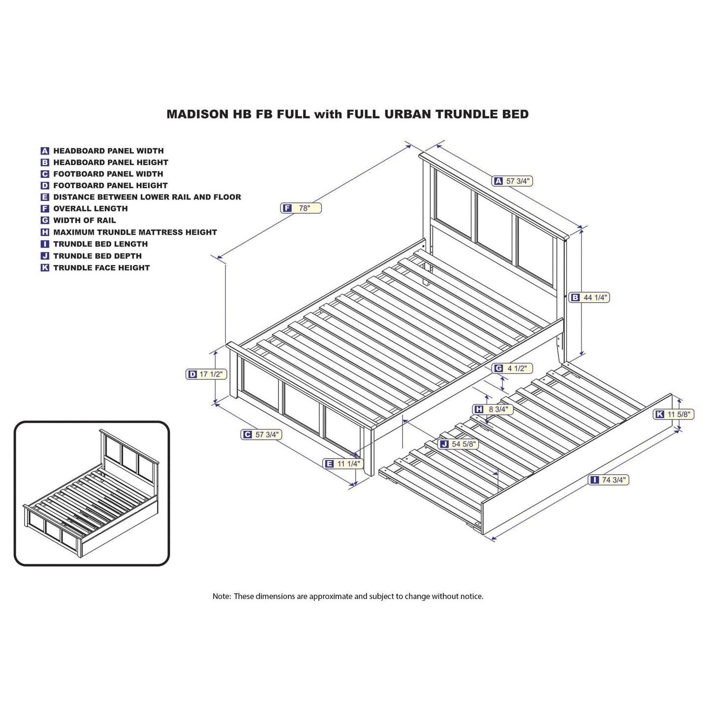 AFI Furnishings Madison Full Platform Bed with Matching Foot Board with Full Size Urban Trundle Bed