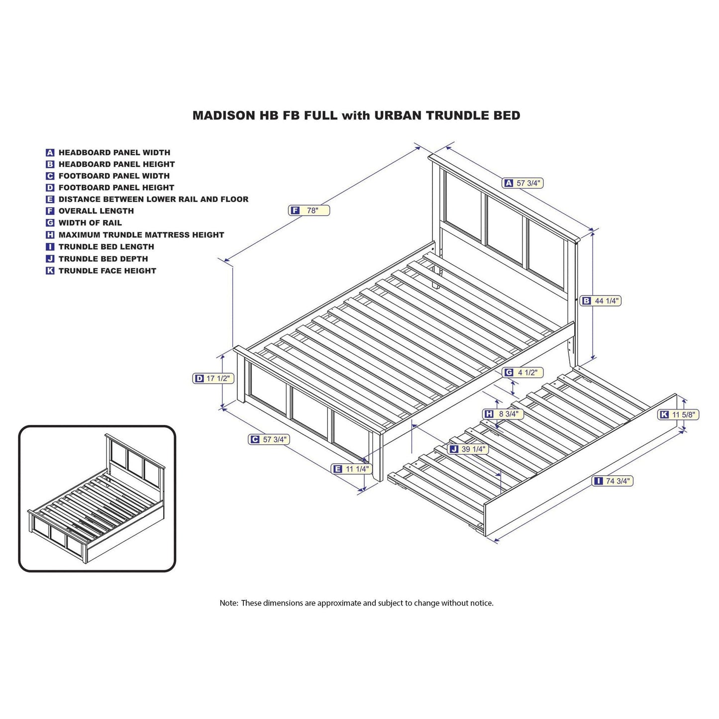 AFI Furnishings Madison Full Platform Bed with Matching Footboard with Twin Size Urban Trundle Bed