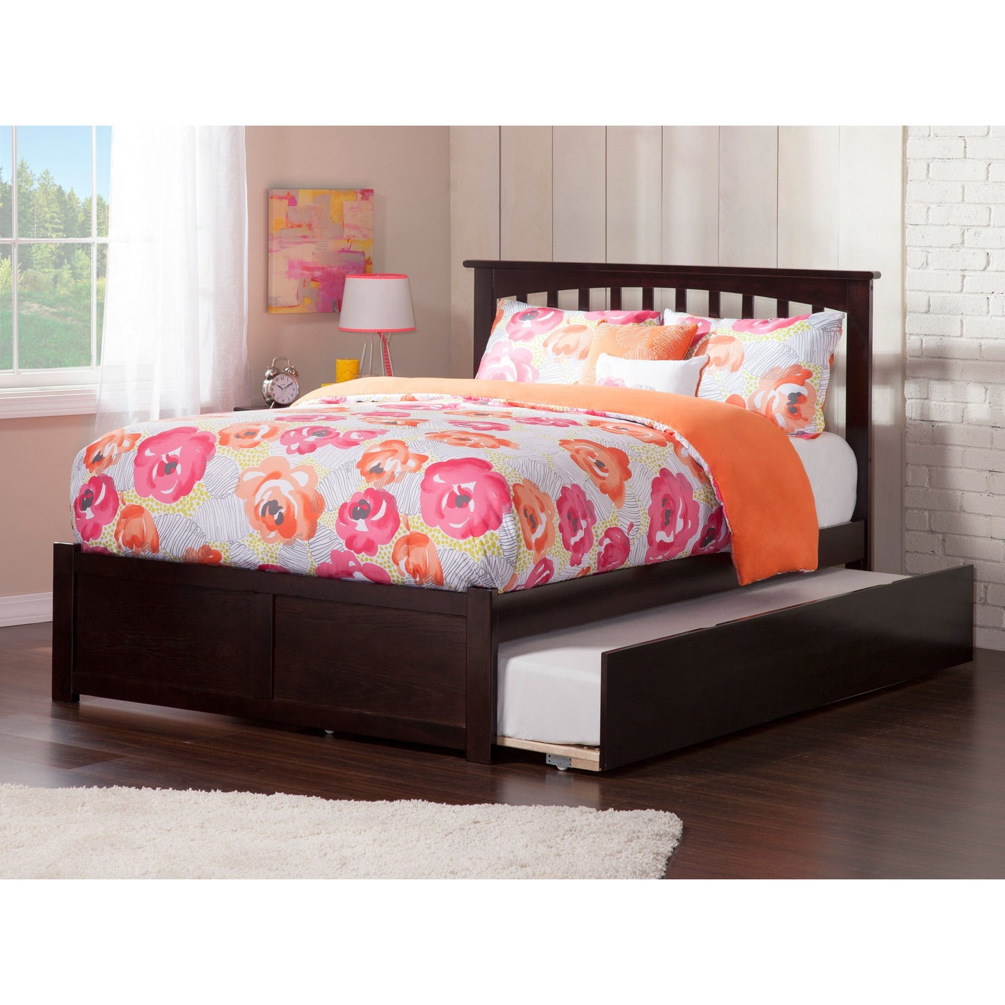 AFI Furnishings Mission Full Platform Bed with Flat Panel Foot Board and Twin Size Urban Trundle Bed