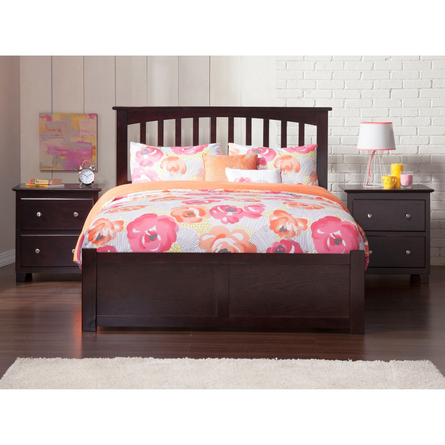 AFI Furnishings Mission Full Platform Bed with Flat Panel Foot Board and Twin Size Urban Trundle Bed