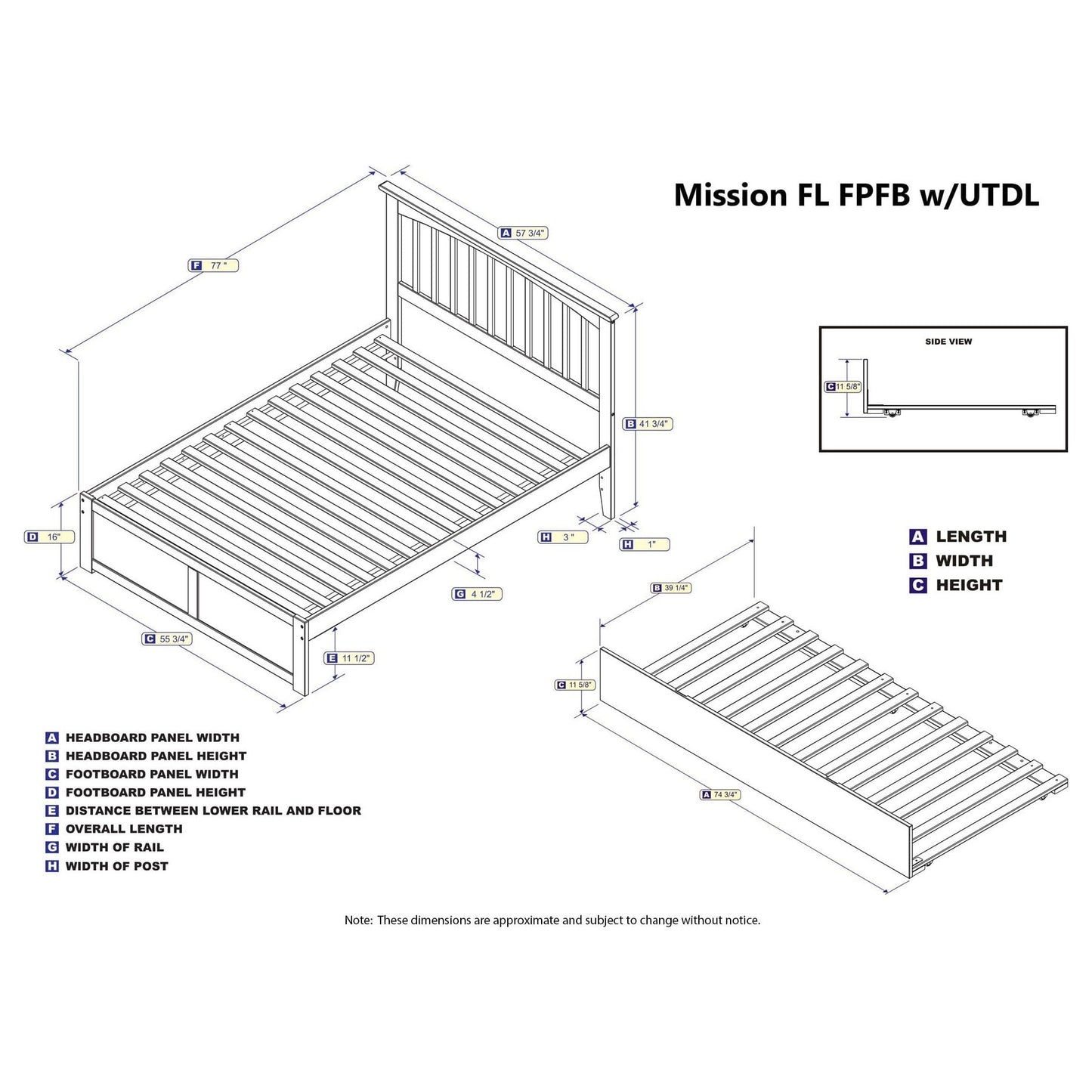 AFI Furnishings Mission Full Platform Bed with Flat Panel Foot Board and Twin Size Urban Trundle Bed