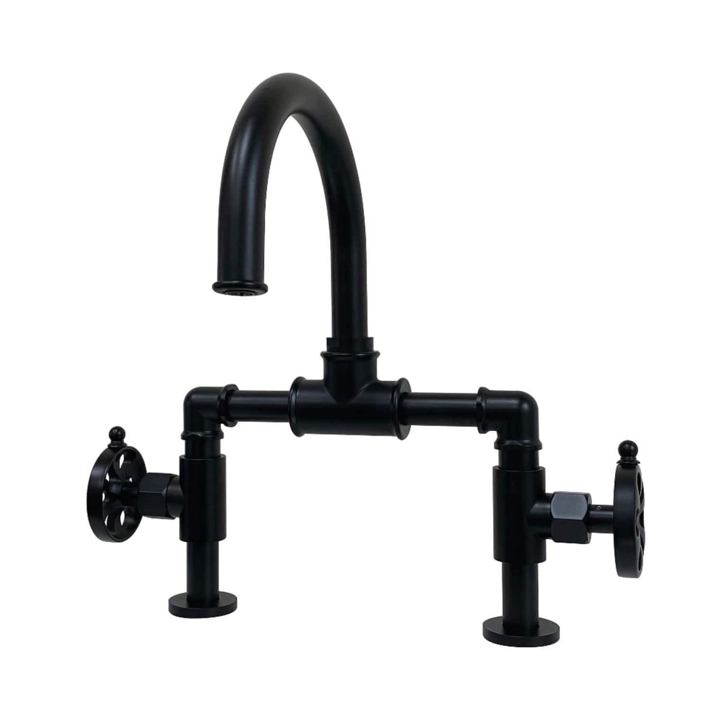 Kingston Brass Kingston Brass Belknap Industrial Style Wheel Handle Bridge Bathroom Faucet with Pop-Up Drain, Matte Black KS2170RX