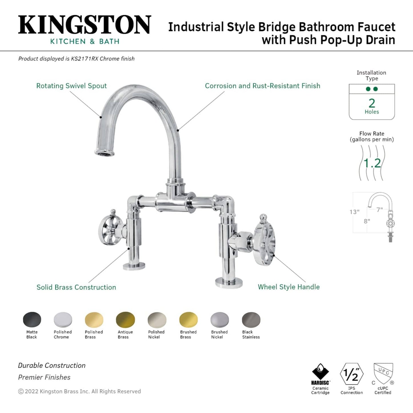 Kingston Brass Kingston Brass Belknap Industrial Style Wheel Handle Bridge Bathroom Faucet with Pop-Up Drain, Matte Black KS2170RX