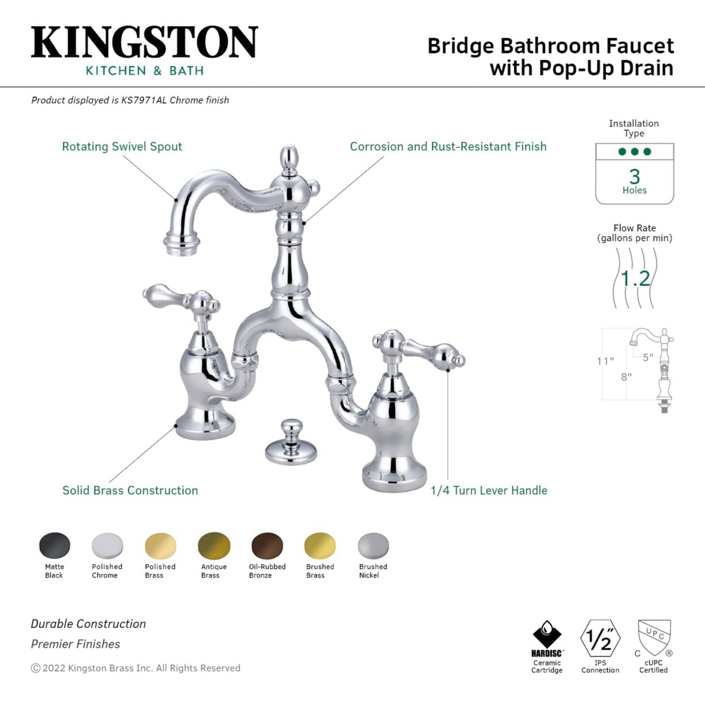 Kingston Brass Kingston Brass English Country Bridge Bathroom Faucet with Brass Pop-Up, Brushed Nickel KS7978AL