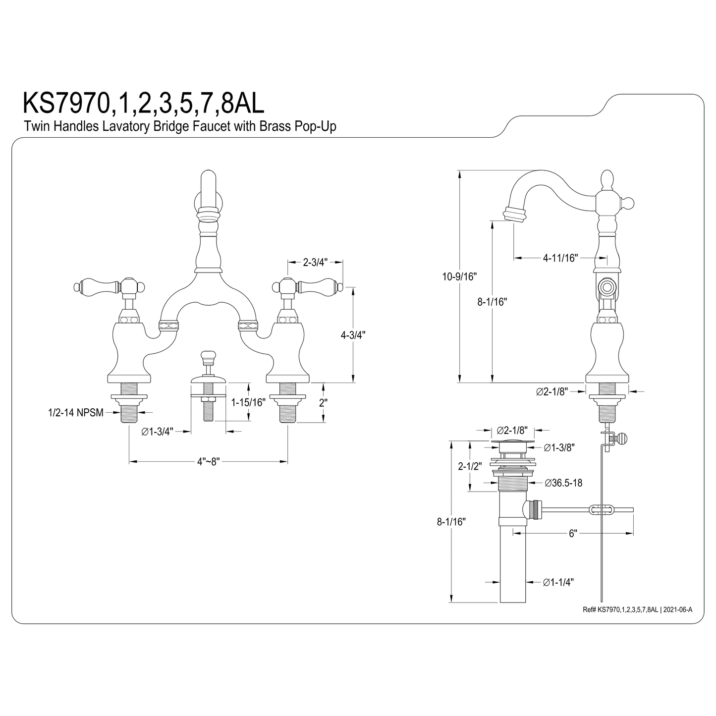 Kingston Brass Kingston Brass English Country Bridge Bathroom Faucet with Brass Pop-Up, Brushed Nickel KS7978AL