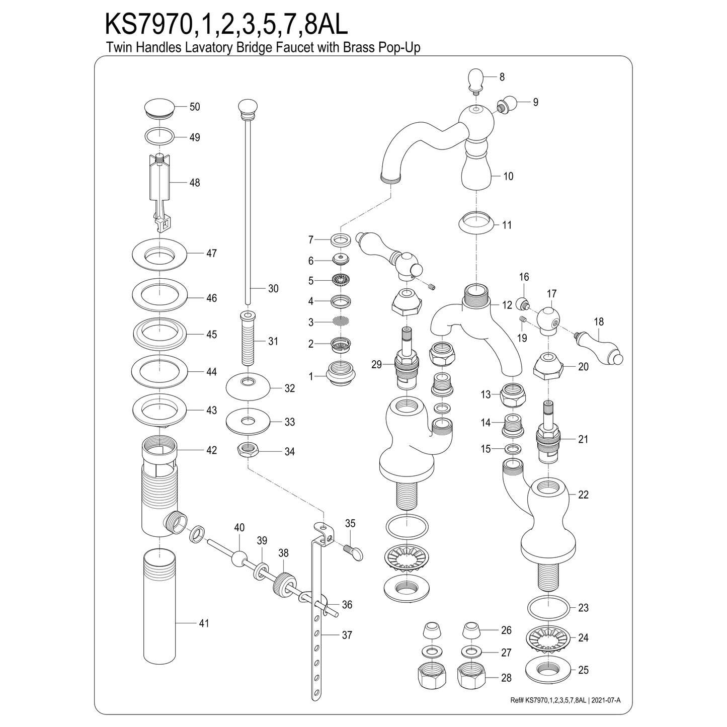 Kingston Brass Kingston Brass English Country Bridge Bathroom Faucet with Brass Pop-Up, Brushed Nickel KS7978AL