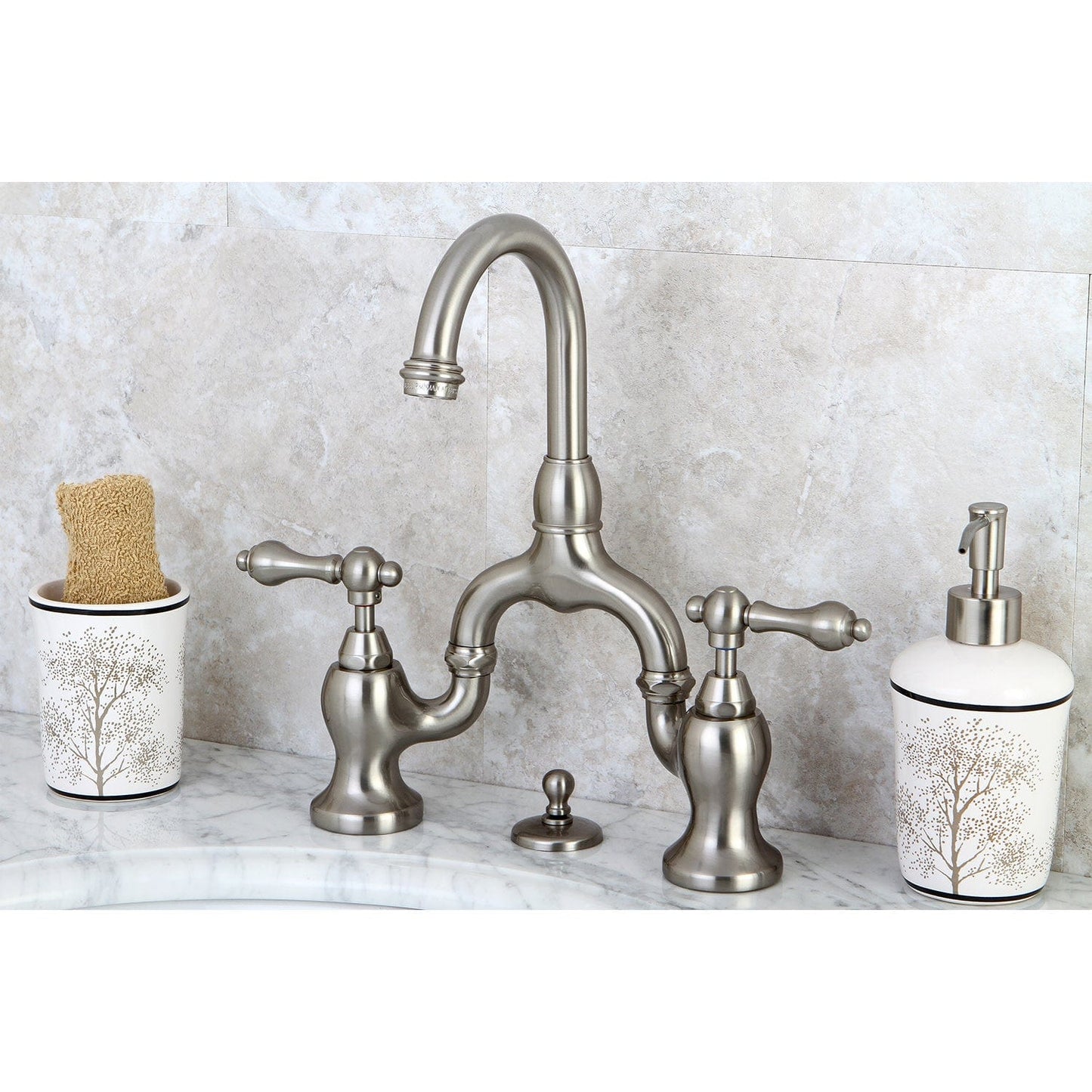 Kingston Brass Kingston Brass English Country Bridge Bathroom Faucet with Brass Pop-Up, Brushed Nickel KS7998AL