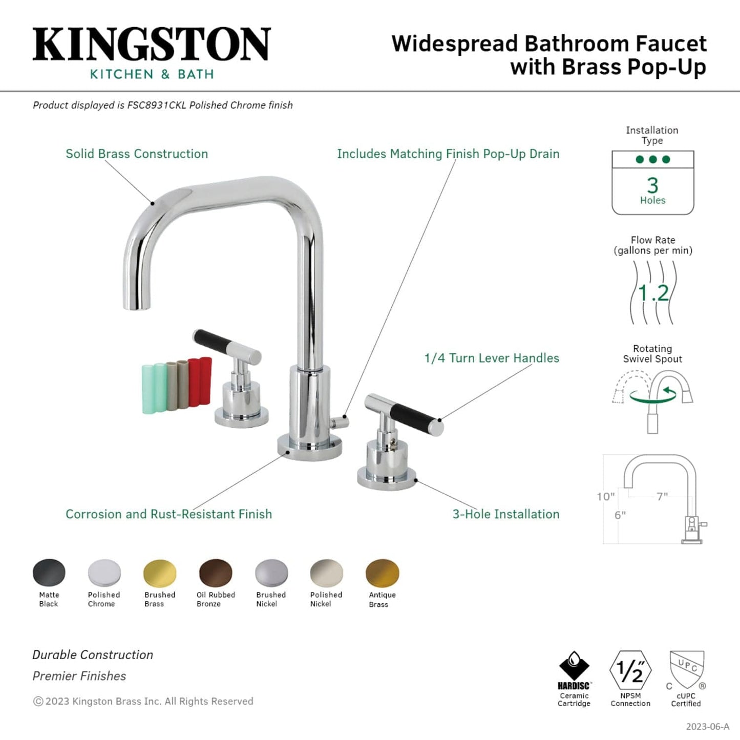 Kingston Brass Kingston Brass FSC8933CKL Kaiser Widespread Bathroom Faucet with Brass Pop-Up, Brushed Brass FSC8933CKL