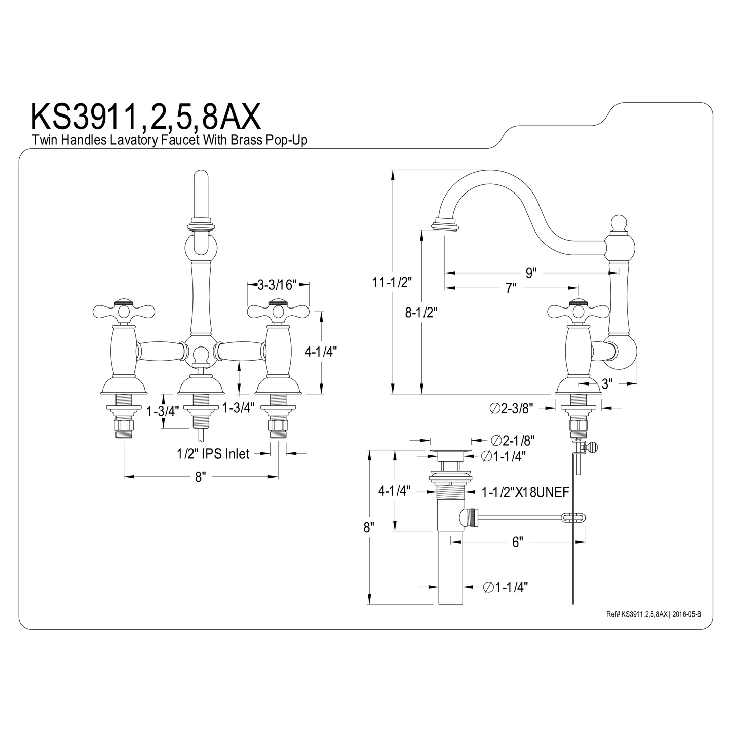 Kingston Brass Kingston Brass Restoration Bathroom Bridge Faucet, Polished Chrome KS3911AX