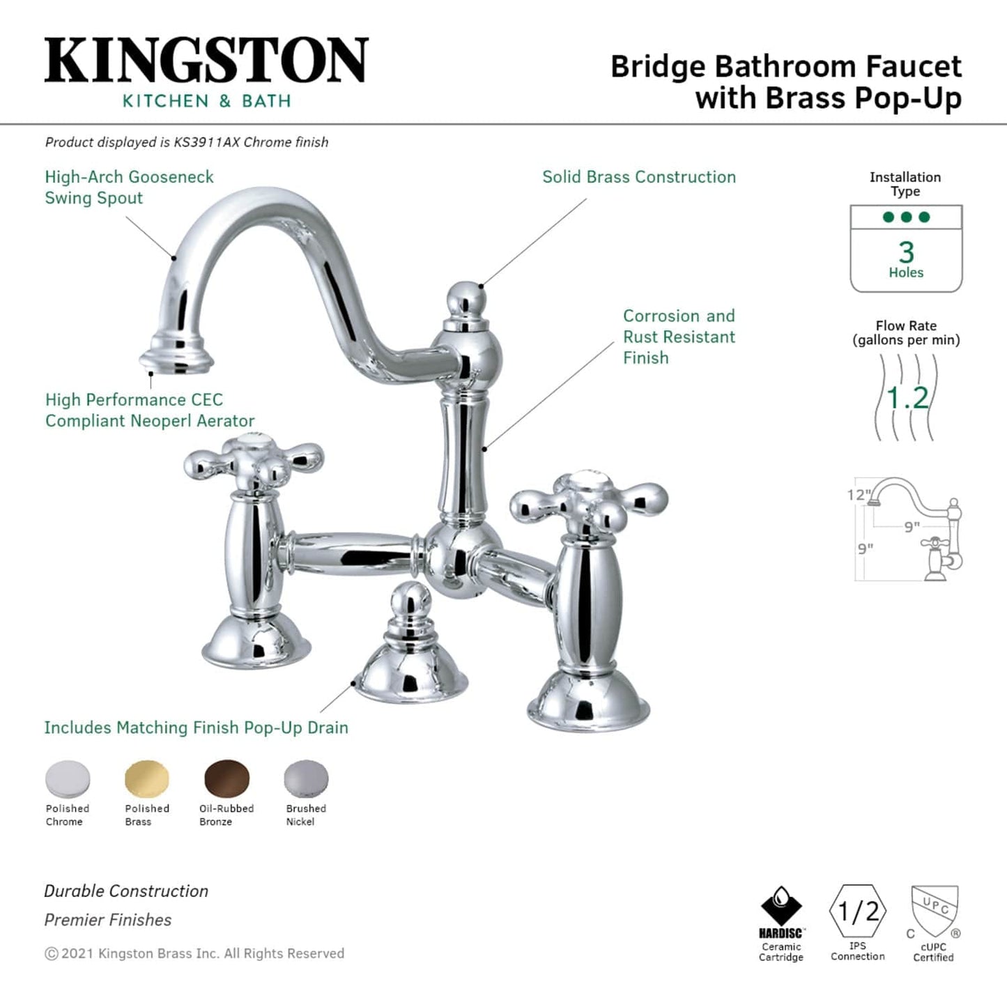 Kingston Brass Kingston Brass Restoration Bathroom Bridge Faucet, Polished Chrome KS3911AX