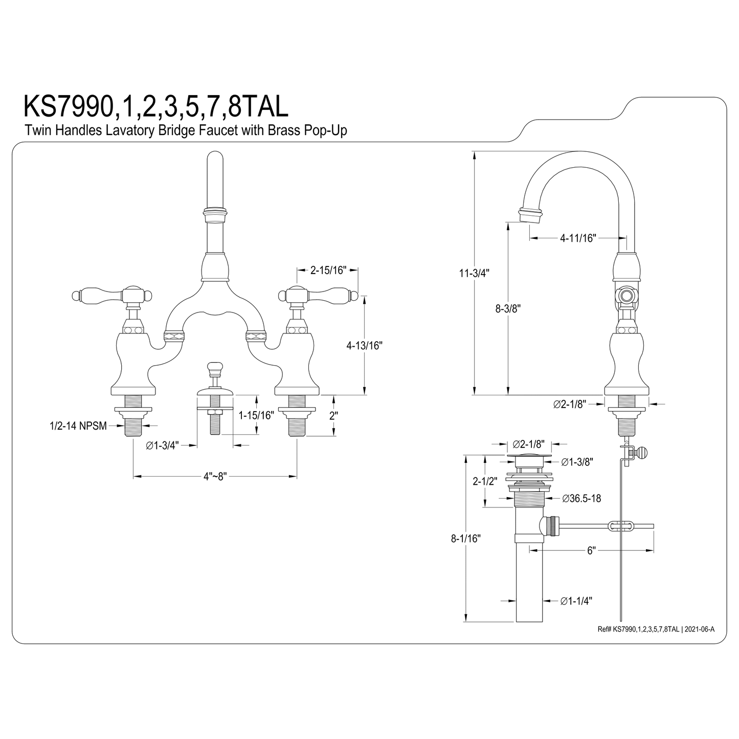 Kingston Brass Kingston Brass Tudor Bridge Bathroom Faucet with Brass Pop-Up, Antique Brass KS7993TAL