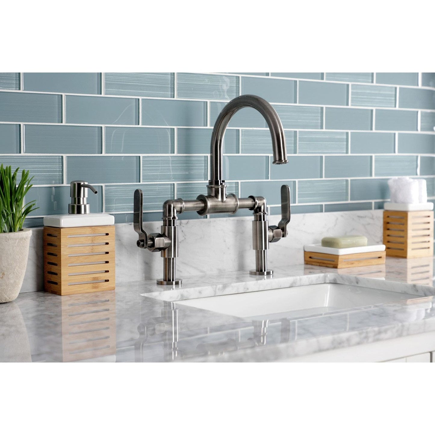 Kingston Brass Kingston Brass Whitaker Industrial Style Bridge Bathroom Faucet with Pop-Up Drain, Black Stainless KS217KLVN