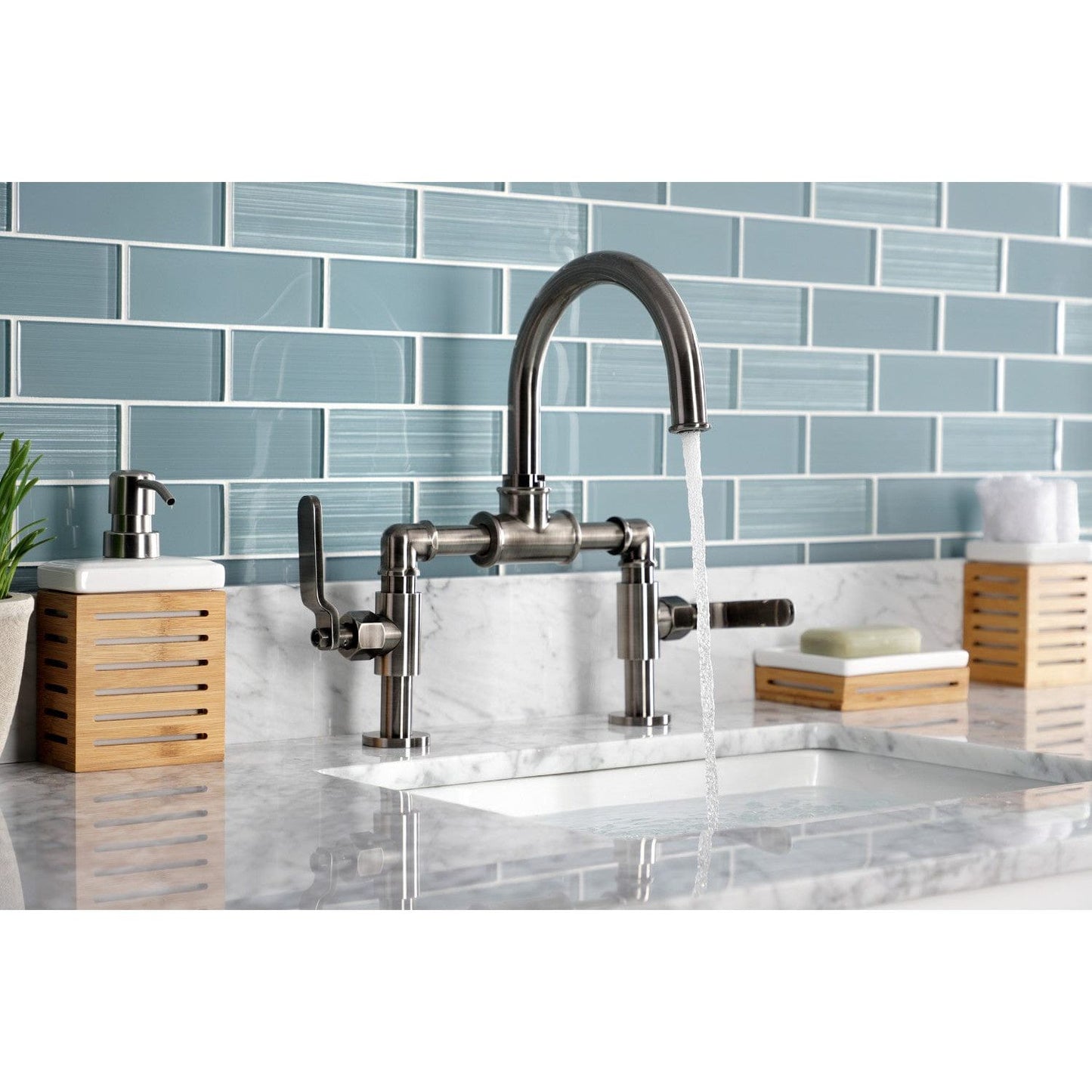 Kingston Brass Kingston Brass Whitaker Industrial Style Bridge Bathroom Faucet with Pop-Up Drain, Black Stainless KS217KLVN