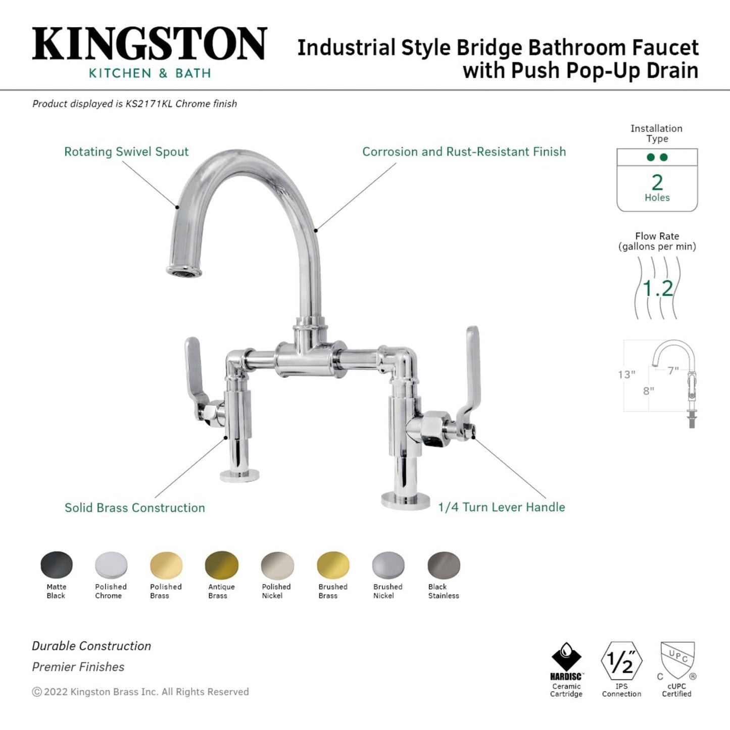 Kingston Brass Kingston Brass Whitaker Industrial Style Bridge Bathroom Faucet with Pop-Up Drain, Black Stainless KS217KLVN