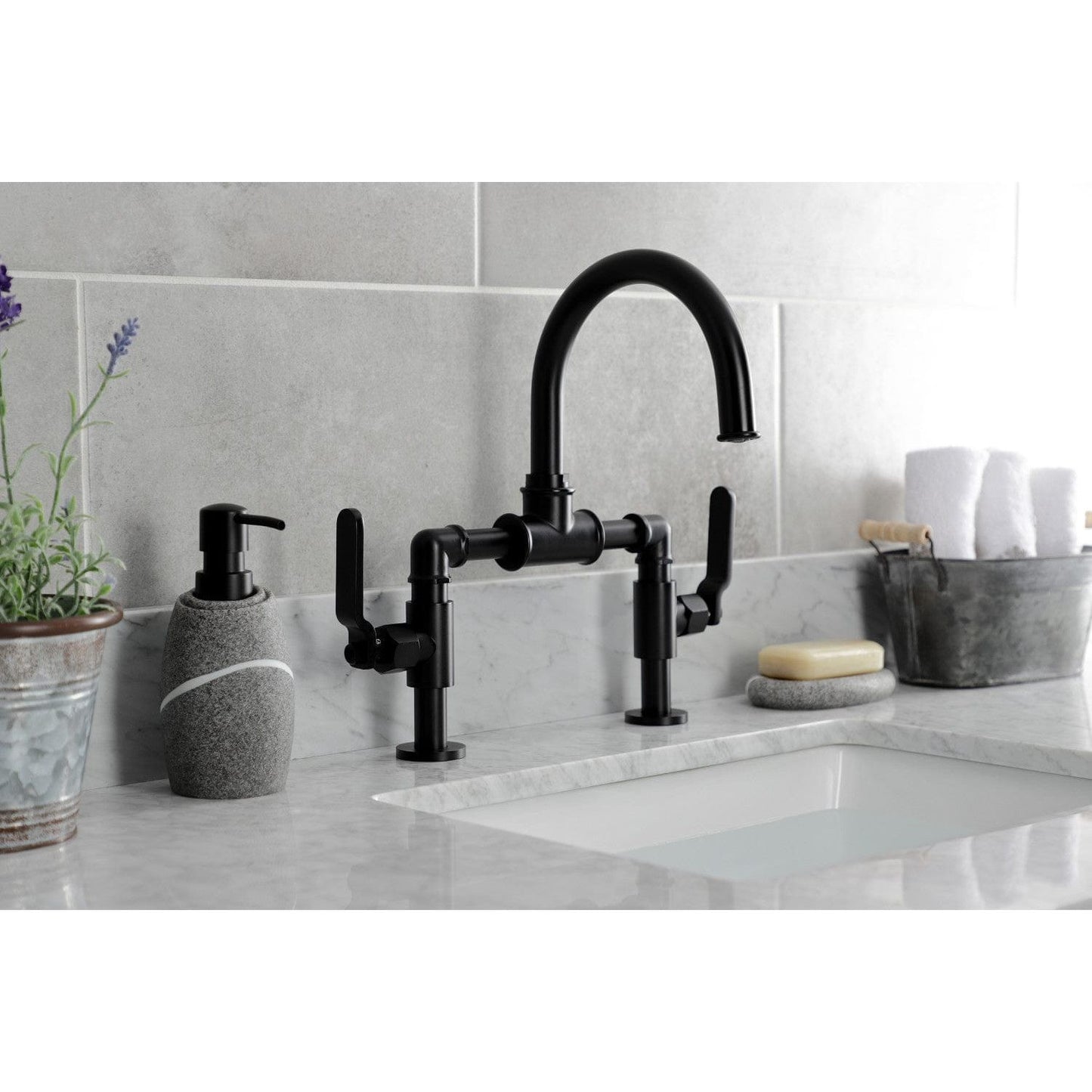 Kingston Brass Kingston Brass Whitaker Industrial Style Bridge Bathroom Faucet with Pop-Up Drain, Matte Black KS2170KL