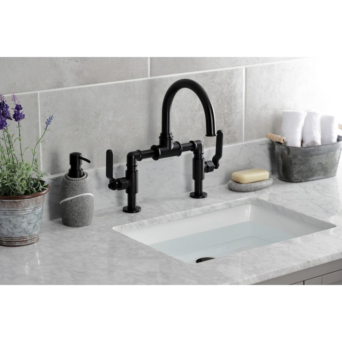 Kingston Brass Kingston Brass Whitaker Industrial Style Bridge Bathroom Faucet with Pop-Up Drain, Matte Black KS2170KL