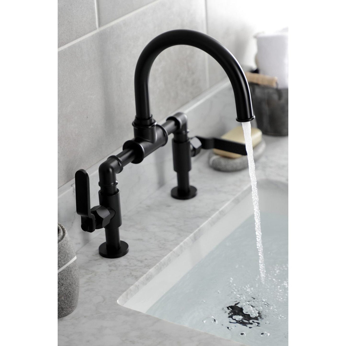 Kingston Brass Kingston Brass Whitaker Industrial Style Bridge Bathroom Faucet with Pop-Up Drain, Matte Black KS2170KL