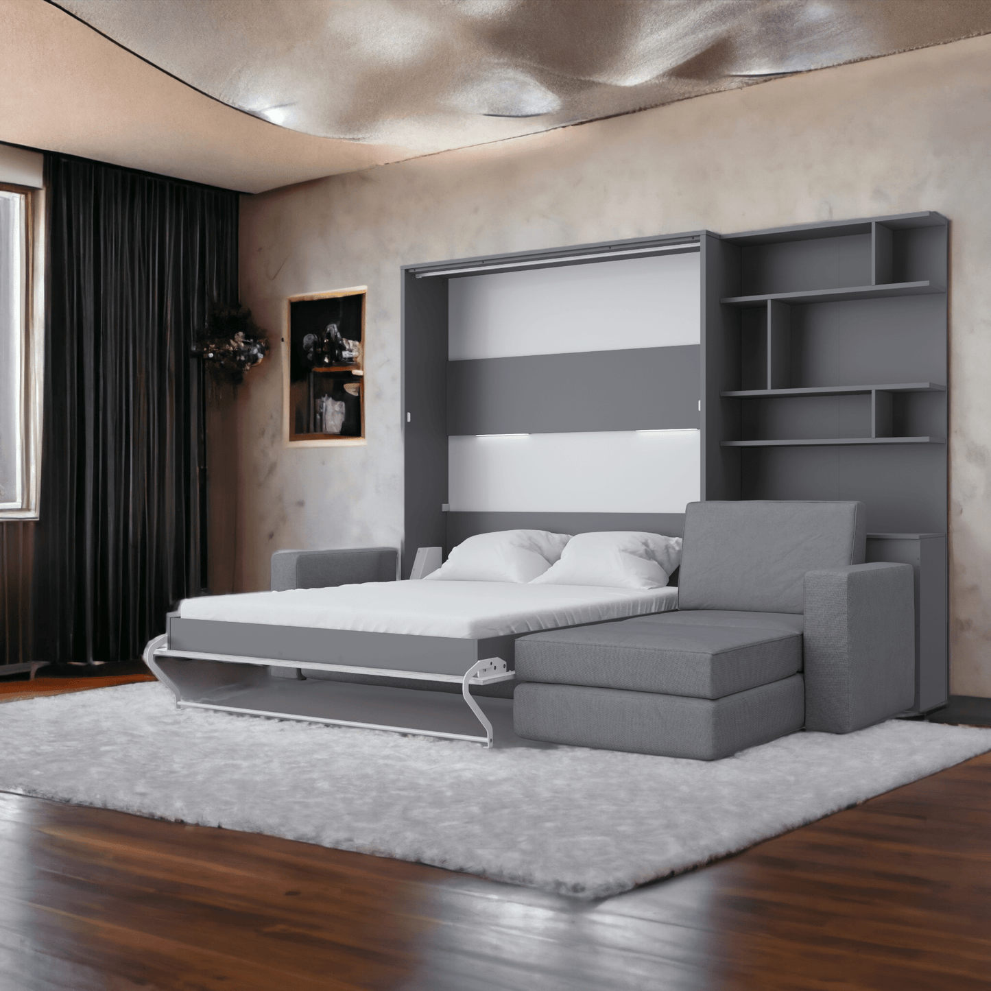 Maxima House Murphy Bed INVENTO European Queen size with a Sectional Sofa and a Bookcase IN014/17GW-LG