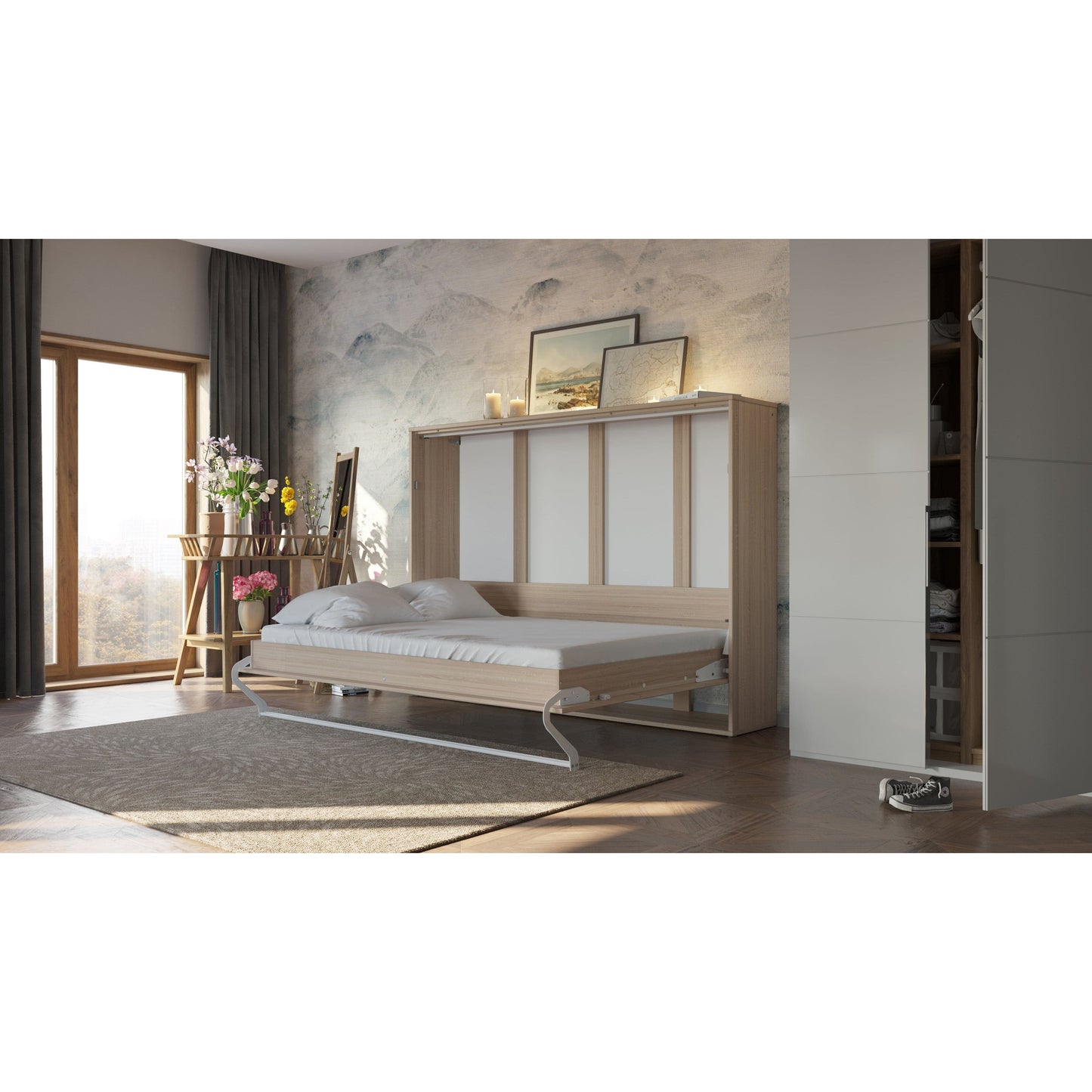 MaximaHouse European Horizontal Full XL Size Murphy Bed Brescia with mattress