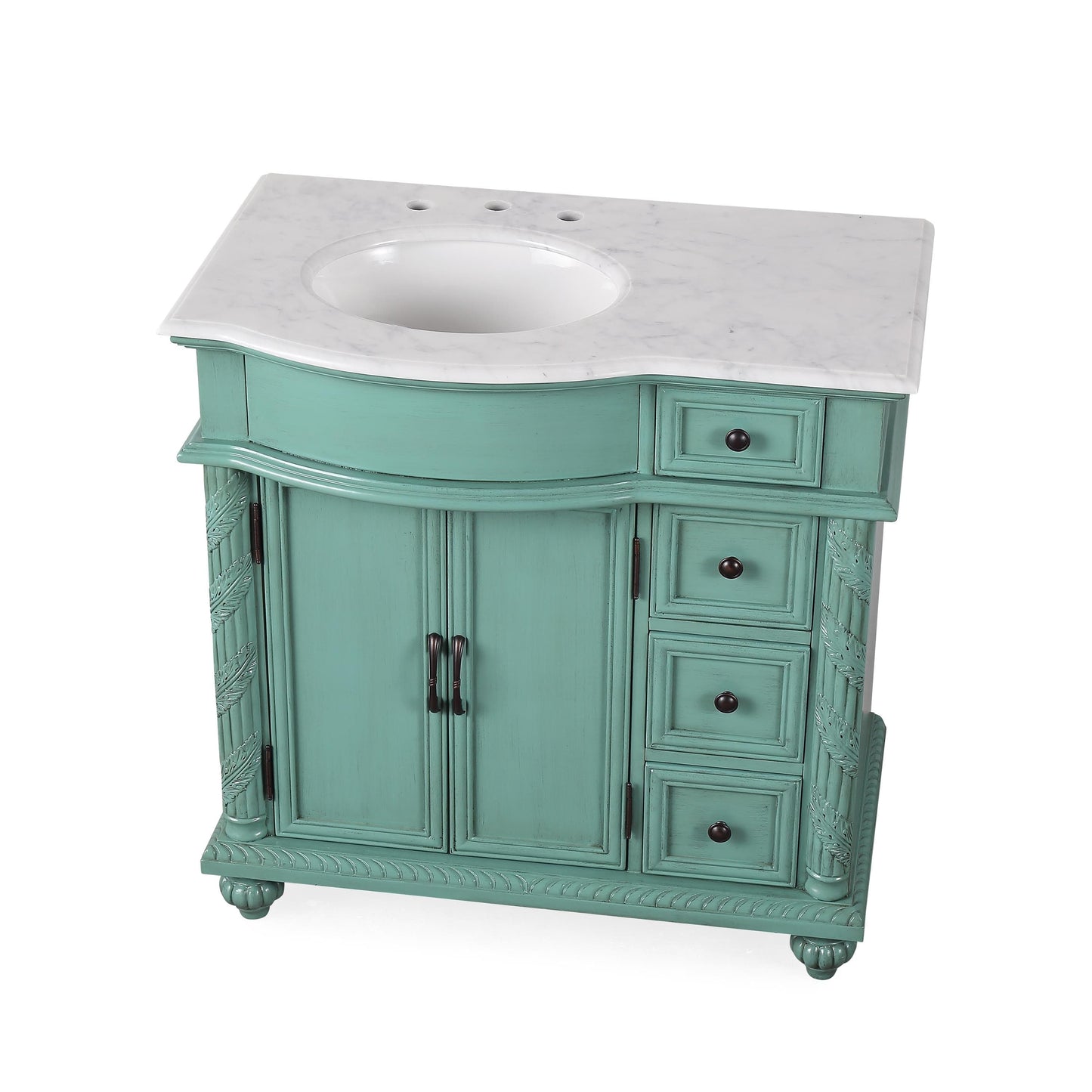 Silkroad Exclusive Silkroad Exclusive 36” Left Single Sink Green Bathroom Vanity with White Marble Top V0213NW36L