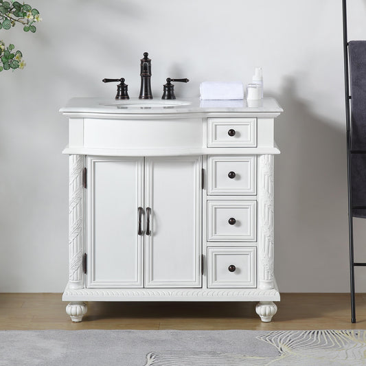 Silkroad Exclusive Silkroad Exclusive 36” Single Left Sink White Bathroom Vanity with White Marble Top V0213WW36L