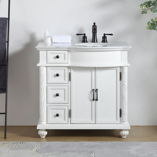 Silkroad Exclusive Silkroad Exclusive 36” Single Right Sink White Bathroom Vanity with White Marble Top V0213WW36R