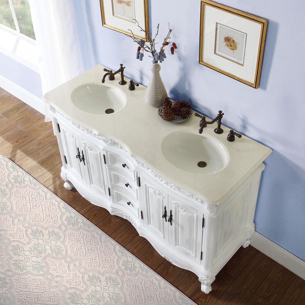 Silkroad Exclusive Silkroad Exclusive 58" Double Sink Cabinet with Crema Marfil Top HYP-0145-CM-UIC-58