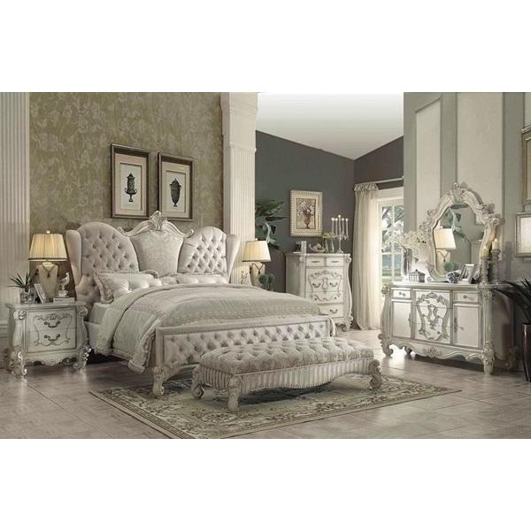 ACME Bed Versailles Ivory Velvet & Bone WhiteE. King Upholstered Panel Bed