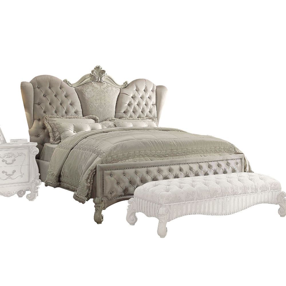 ACME Bed Versailles Ivory Velvet & Bone WhiteE. King Upholstered Panel Bed