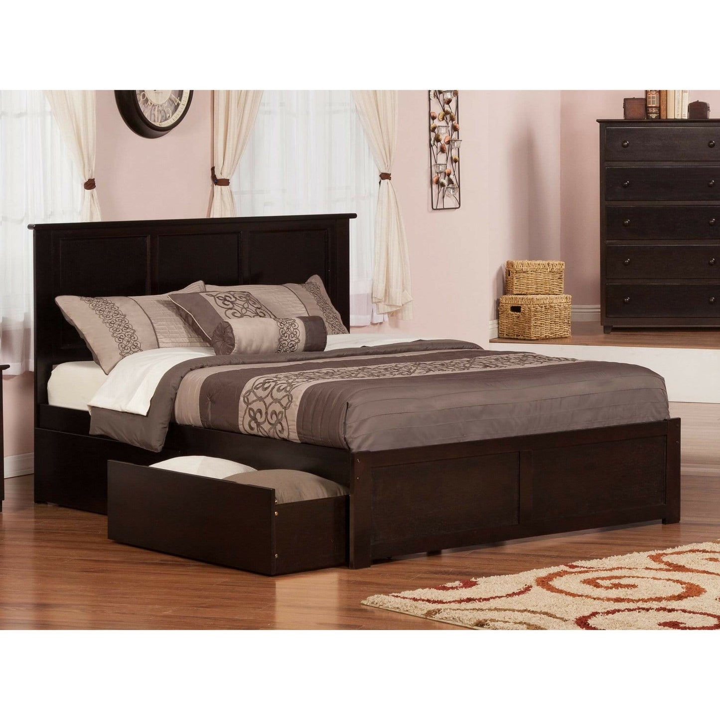 Atlantic Furniture Bed Madison King Platform Bed with Flat Panel Foot Board and 2 Urban Bed Drawers in Espresso