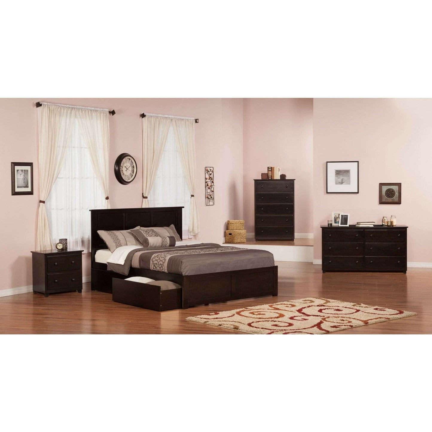 Atlantic Furniture Bed Madison Queen Platform Bed with Flat Panel Foot Board and 2 Urban Bed Drawers in Espresso