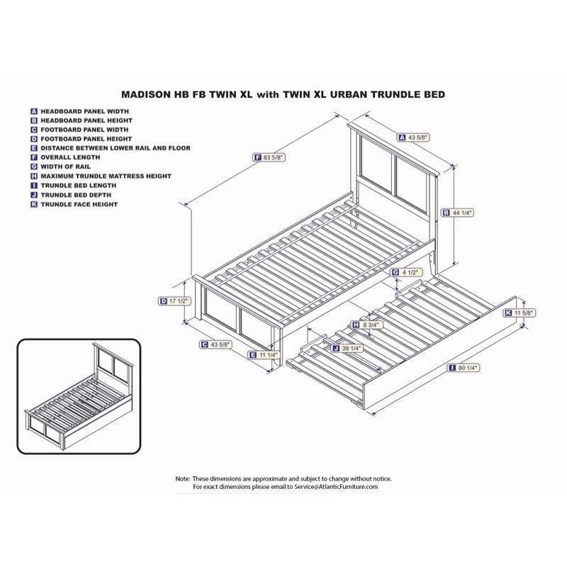 Atlantic Furniture Bed Madison Twin Extra Long Bed with Matching Footboard and Twin Exra Long Trundle in Espresso