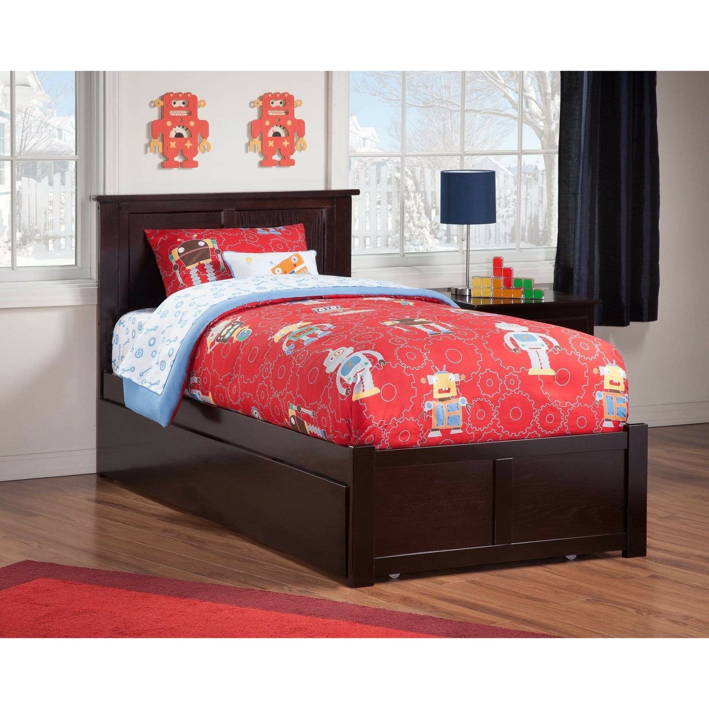 Atlantic Furniture Bed Madison Twin Platform Bed with Flat Panel Foot Board and Twin Size Urban Trundle Bed in Espresso