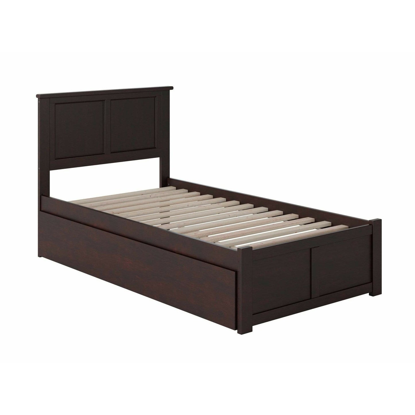 Atlantic Furniture Bed Madison Twin Platform Bed with Flat Panel Foot Board and Twin Size Urban Trundle Bed in Espresso