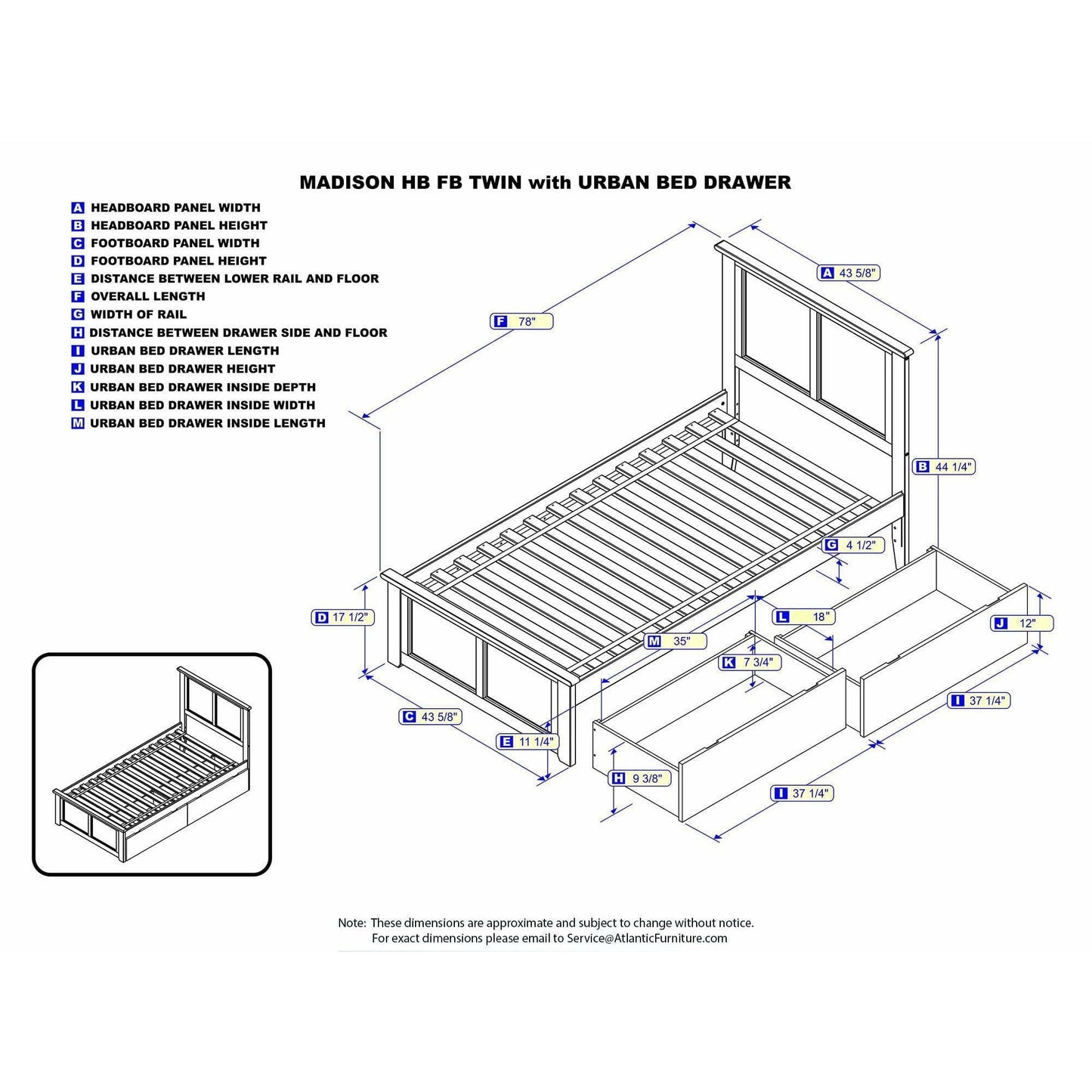 Atlantic Furniture Bed Madison Twin Platform Bed with Matching Foot Board with 2 Urban Bed Drawers in Espresso