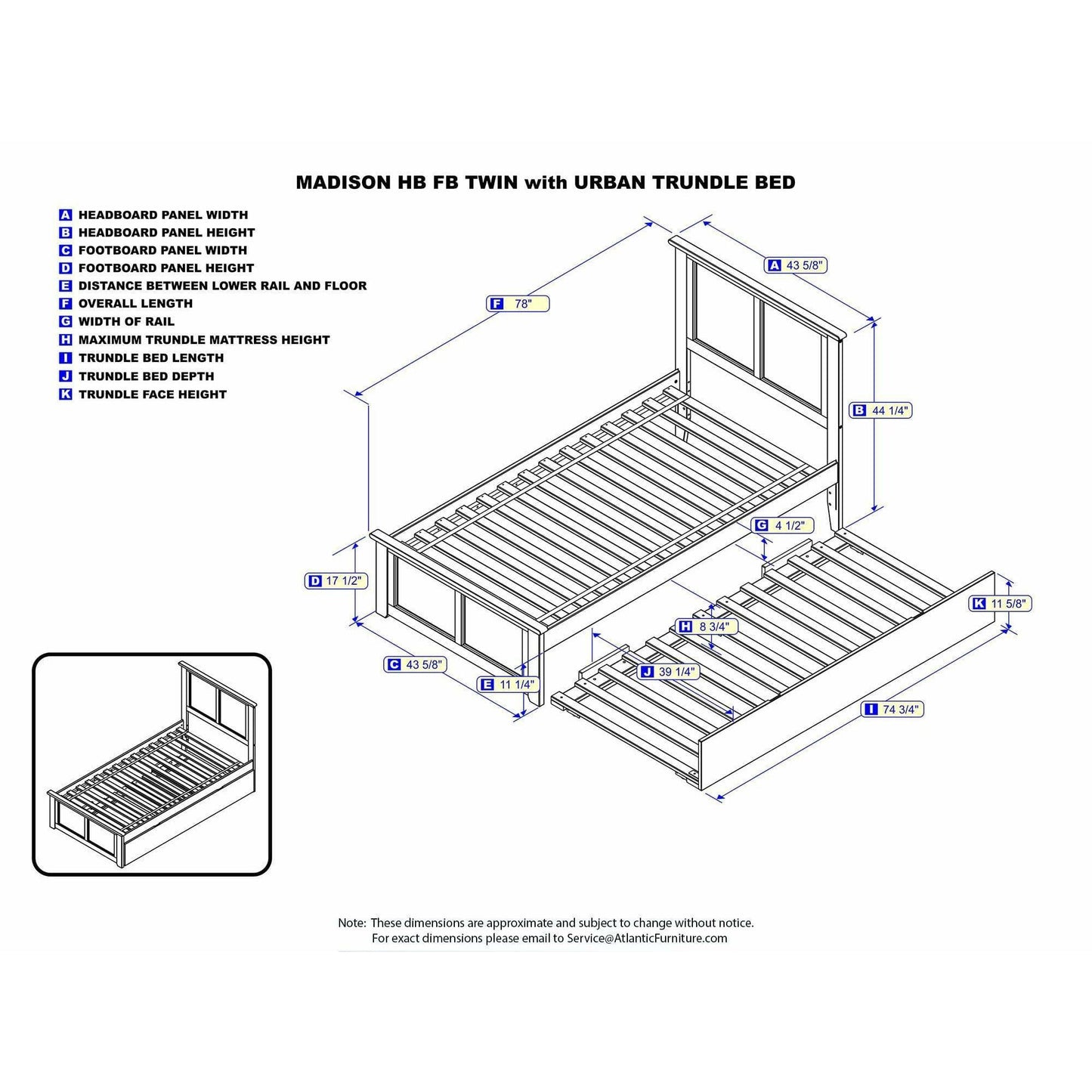 Atlantic Furniture Bed Madison Twin Platform Bed with Matching Foot Board with Twin Size Urban Trundle Bed in Espresso