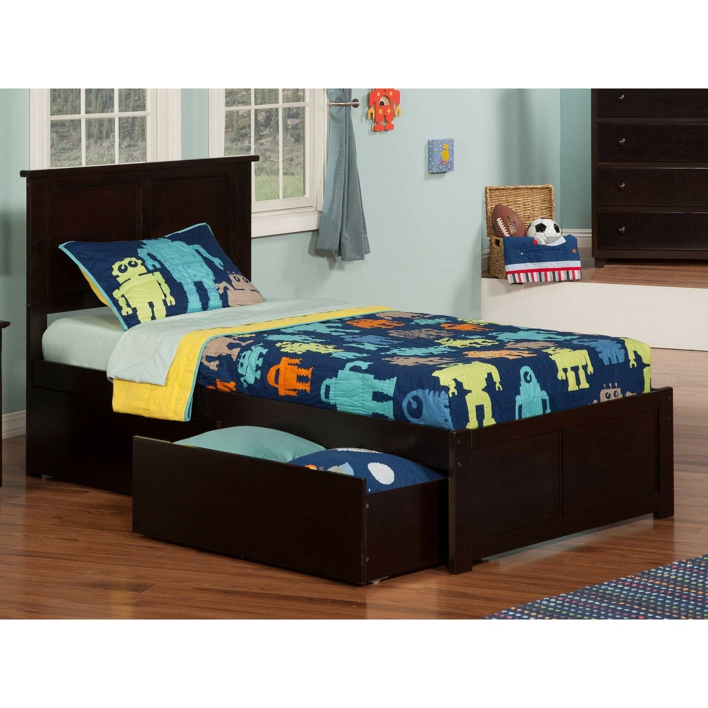 Atlantic Furniture Bed Madison Twin XL Platform Bed with Flat Panel Foot Board and 2 Urban Bed Drawers in Espresso