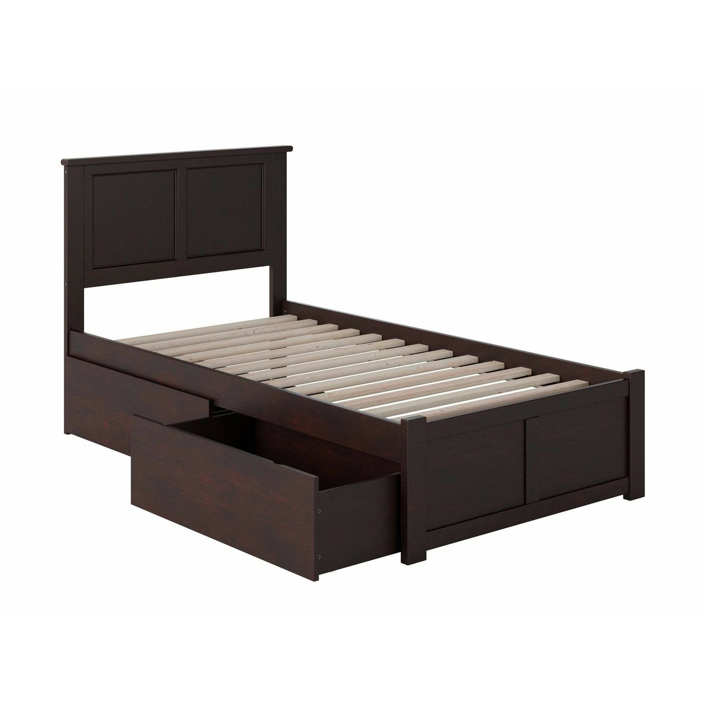 Atlantic Furniture Bed Madison Twin XL Platform Bed with Flat Panel Foot Board and 2 Urban Bed Drawers in Espresso