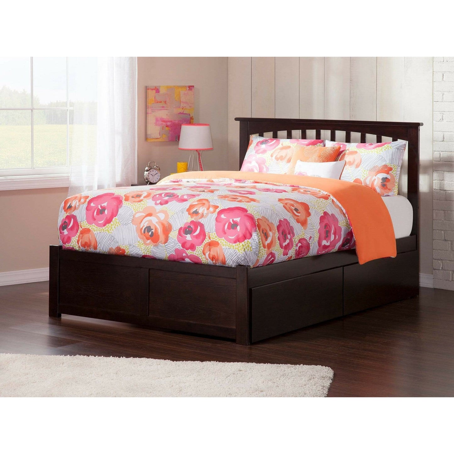 Atlantic Furniture Bed Mission Full Platform Bed with Flat Panel Foot Board and 2 Urban Bed Drawers in Espresso.