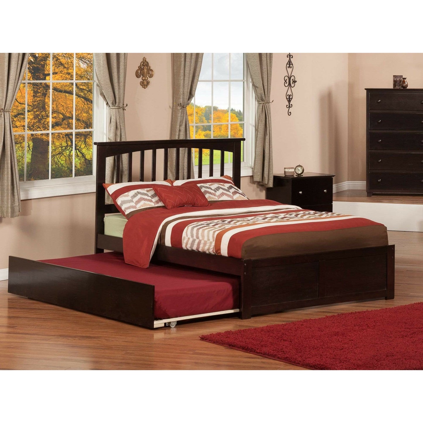 Atlantic Furniture Bed Mission Full Platform Bed with Flat Panel Foot Board and Twin Size Urban Trundle Bed in Espresso