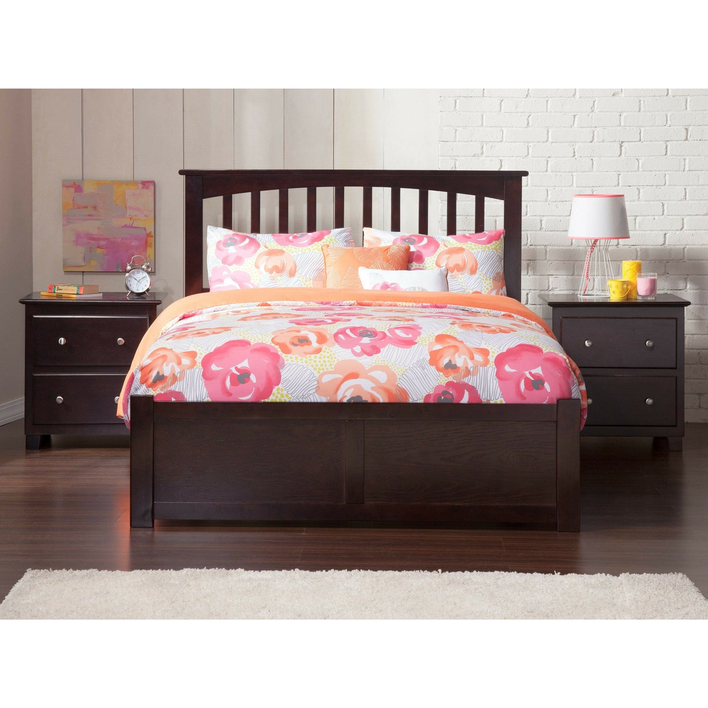 Atlantic Furniture Bed Mission Full Platform Bed with Flat Panel Foot Board and Twin Size Urban Trundle Bed in Espresso