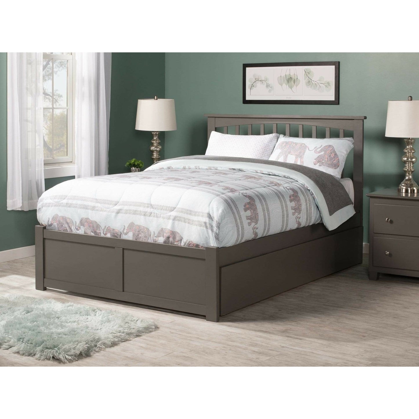 Atlantic Furniture Bed Mission Full Platform Bed with Flat Panel Foot Board and Twin Size Urban Trundle Bed in Espresso