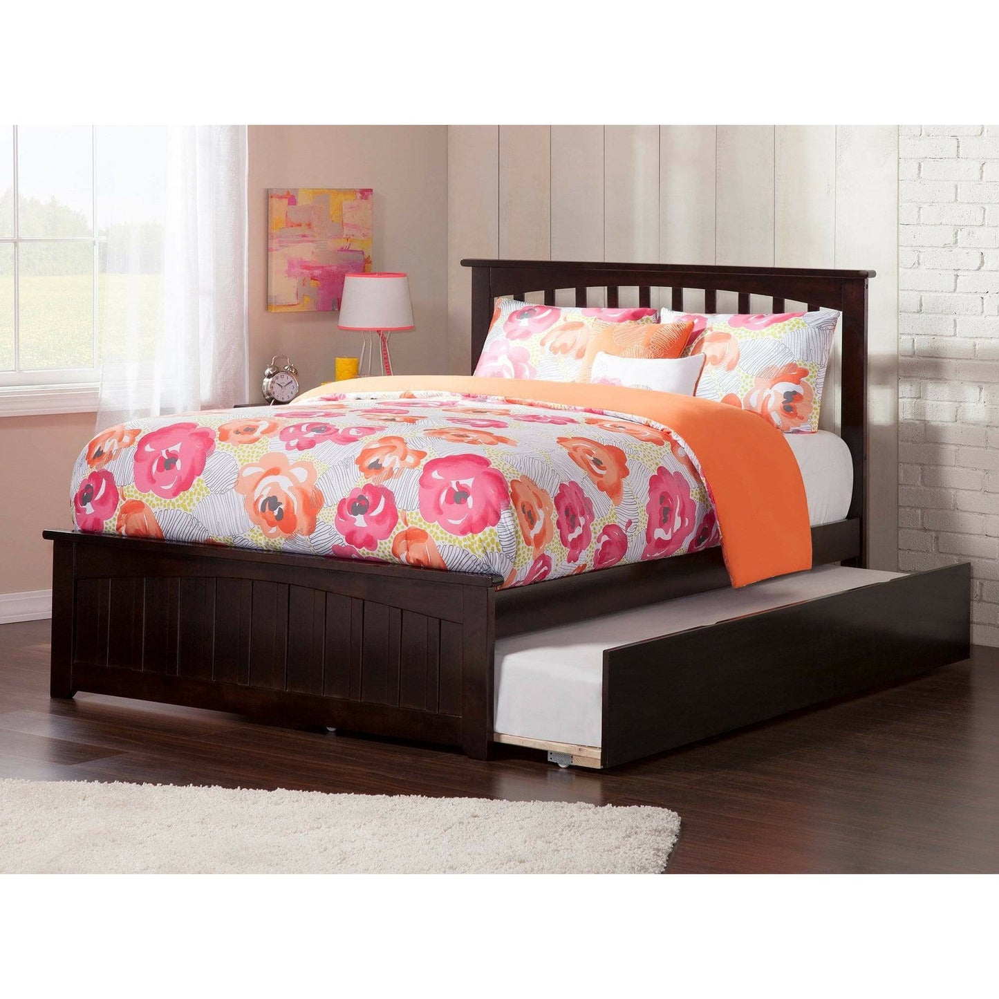 Atlantic Furniture Bed Mission Full Platform Bed with Matching Foot Board with Full Size Urban Trundle Bed in Espresso