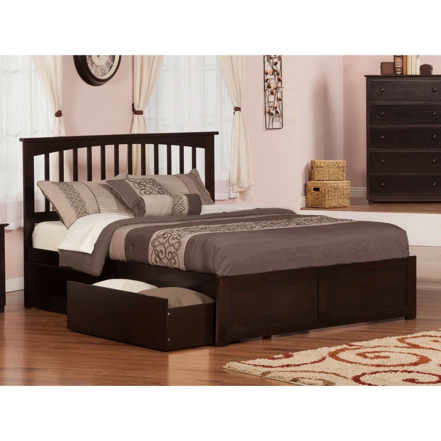 Atlantic Furniture Bed Mission King Platform Bed with Flat Panel Foot Board and 2 Urban Bed Drawers in Espresso