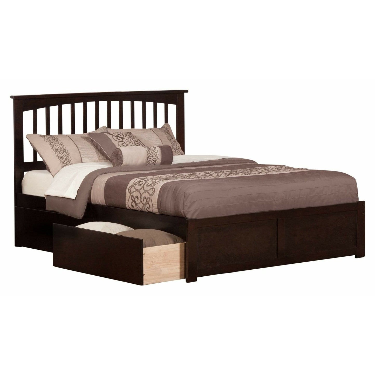 Atlantic Furniture Bed Mission Queen Platform Bed with Flat Panel Foot Board and 2 Urban Bed Drawers in Espresso