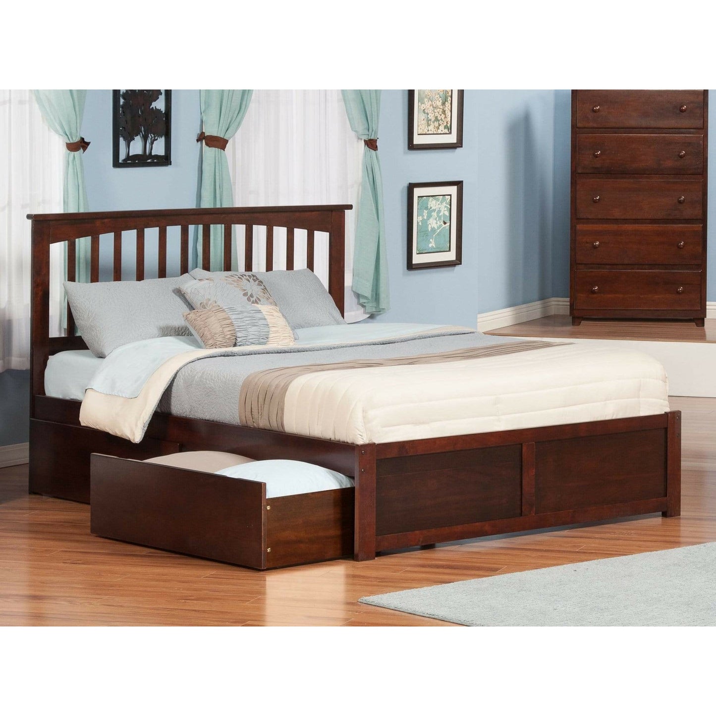 Atlantic Furniture Bed Mission Queen Platform Bed with Flat Panel Foot Board and 2 Urban Bed Drawers in Espresso