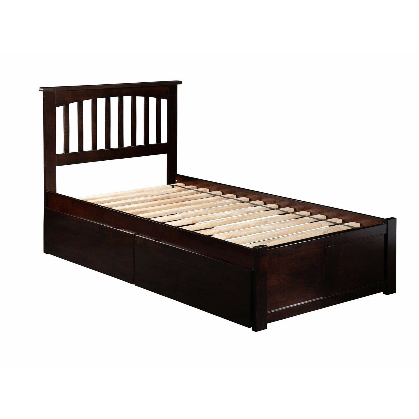 Atlantic Furniture Bed Mission Twin Platform Bed with Flat Panel Foot Board and 2 Urban Bed Drawers in Espresso