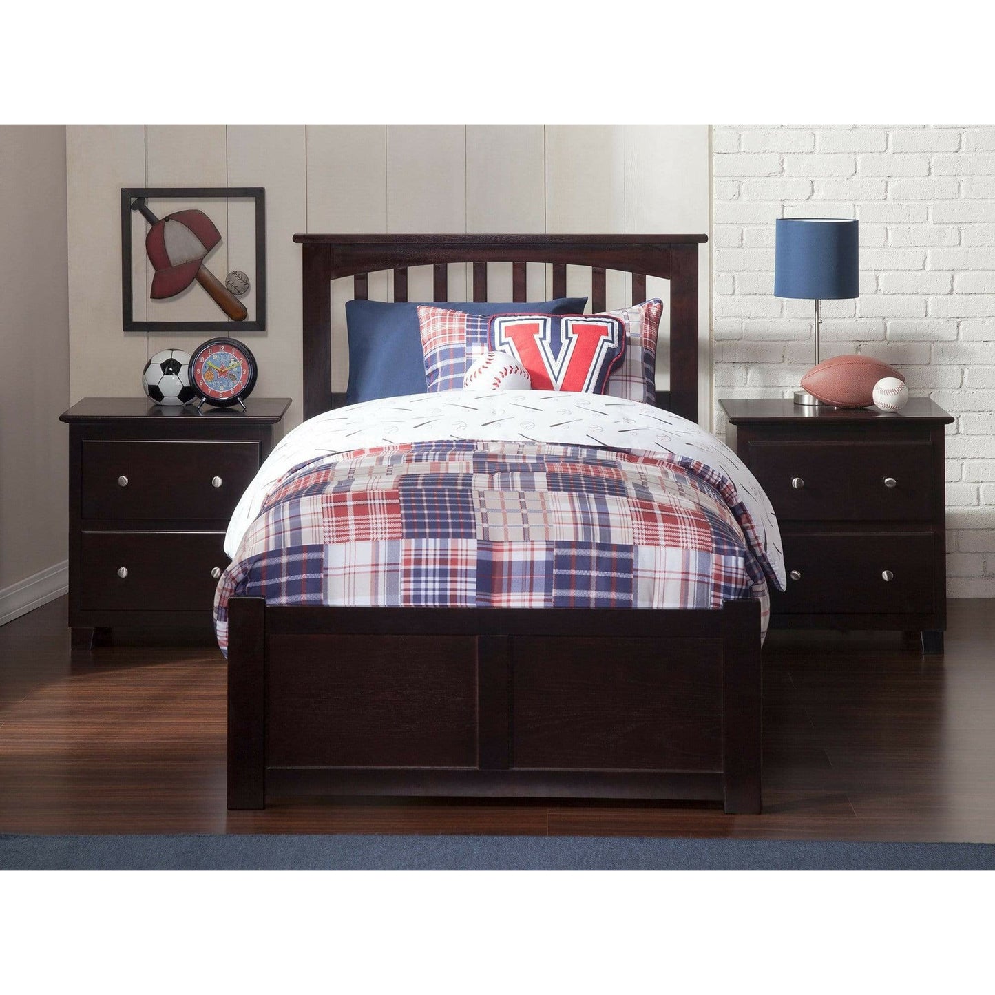 Atlantic Furniture Bed Mission Twin Platform Bed with Flat Panel Foot Board and Twin Size Urban Trundle Bed in Espresso